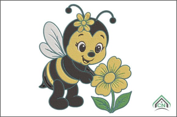 Cute Bee with Flower Embroidery Design