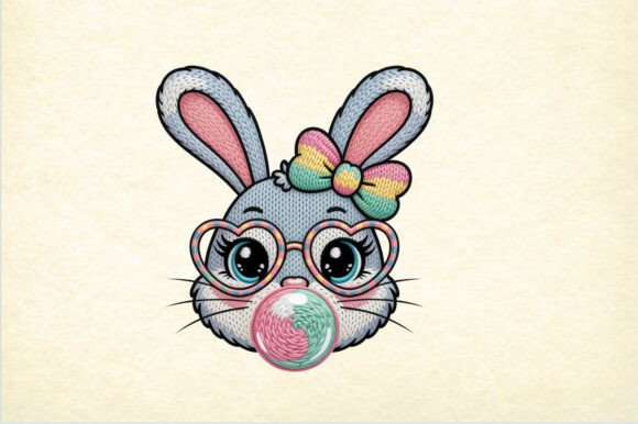 Cute Bunny Embroidery Style Clipart PNG