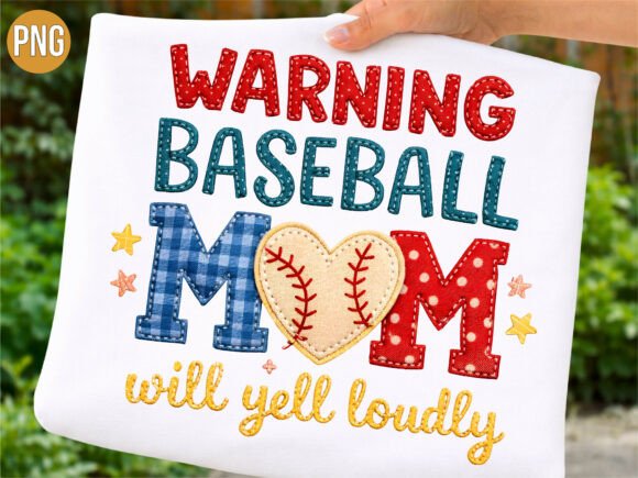 Faux Embroidery Baseball Mom Heart PNG