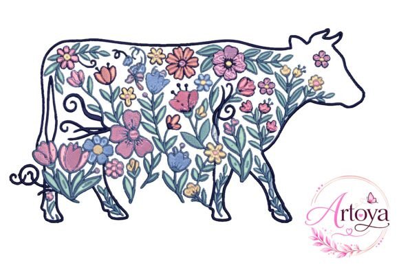 Floral Cow Embroidery Design