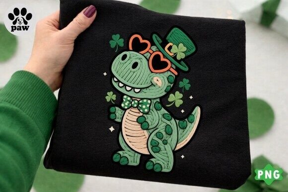 St. Patrick’s Dinosaur PNG, Faux Embroidery
